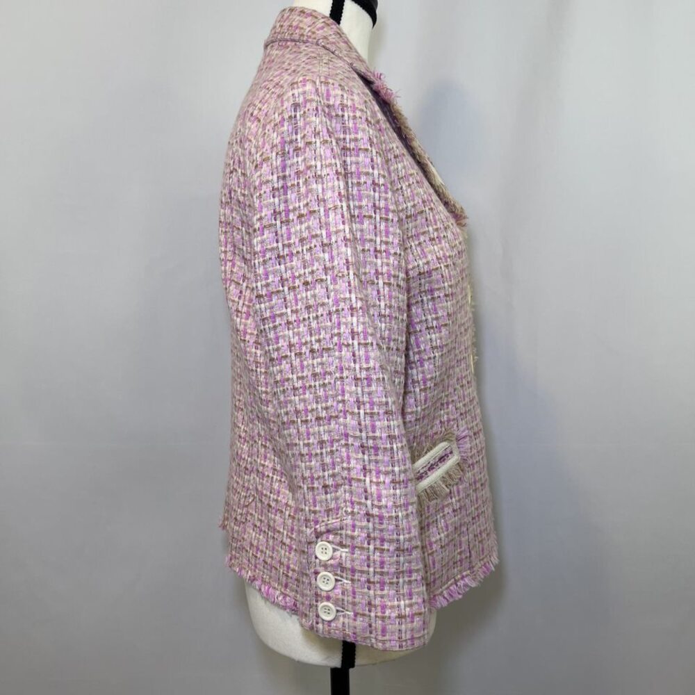 Moa Moa cropped fringe blazer jacket tweed pink tan cream women L - Picture 6 of 14